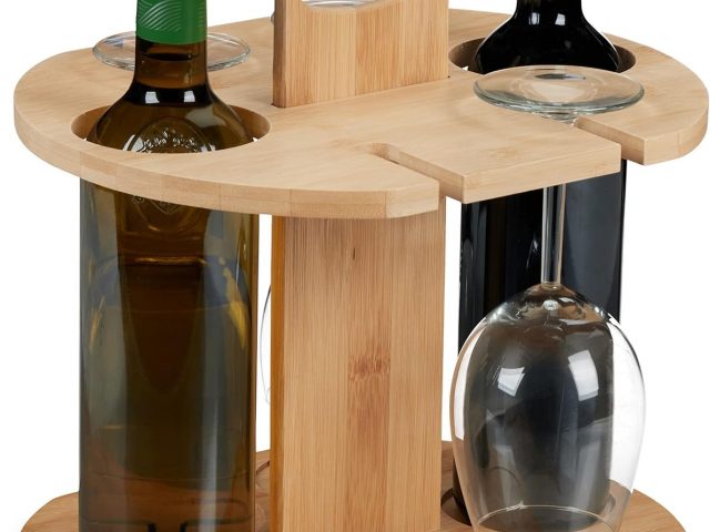 Relaxdays Butler Wine Rack, Bamboo, Holder for 2 Bottles and 4 Glasses, 30.5 x 30 x 25 cm, Gift, Natural