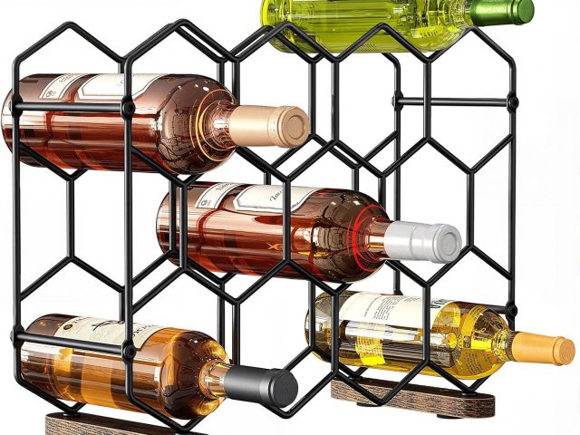Nuovoware Wine Rack for Counter, 14-Bottle Wine Carbon Steel Hexagonal Structure, Bottle Organizer 3 Tiers for Furniture, Pantry, Black+Retro Brown