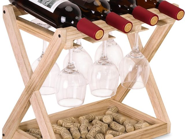 WDSHIYI Wine Rack – 4 Bottles and 6 Wooden Wine Glass Holders for Kitchen, Basement, Office, Bar – Luxurious Wine Bottle Storage for Standard Bottle Holder, Black