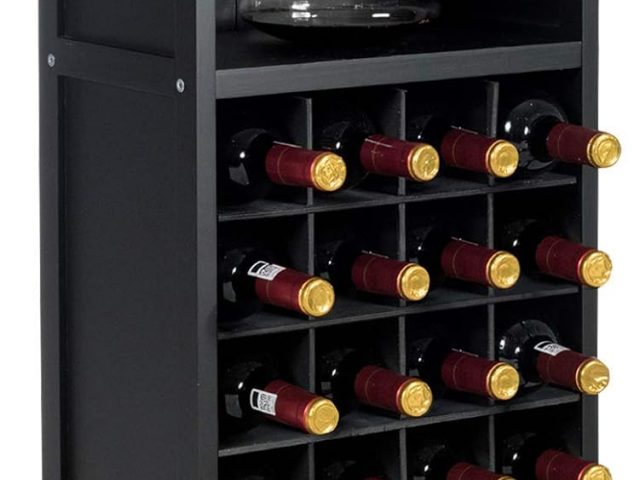 Giantex Wooden Wine Rack for 20 Bottles, 42 x 24.5 x 96 cm, Bottle Cabinet with 4 Cup Holders and Open Compartment, for Bar, Dining Room (Black)