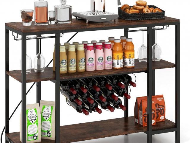 GIANTEX Wine Rack for 15 Bottles, 3 Tier Shelf with Cup Holder, Side Table with 2 USB Ports and 2 Sockets, Wine Rack for Kitchen, Living Room, 113 x 35 x 85 cm (Rustic Brown)