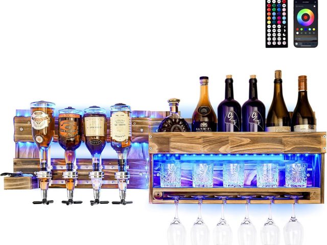 Yorbay Wine Rack with LED Light Pallet Flamed Wood, Wall Bar with 4 Beverage Dispensers, Wall Wine Rack, Vvintage, Gift