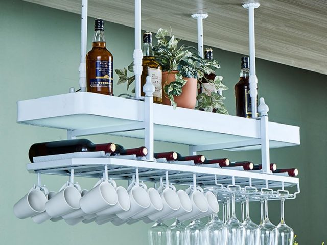 ACLips Ceiling Wine Rack with Cup Holder and LED Light: Wall Cabinet for Liquors, Ideal for Home Bar Decoration and Bottle Display.