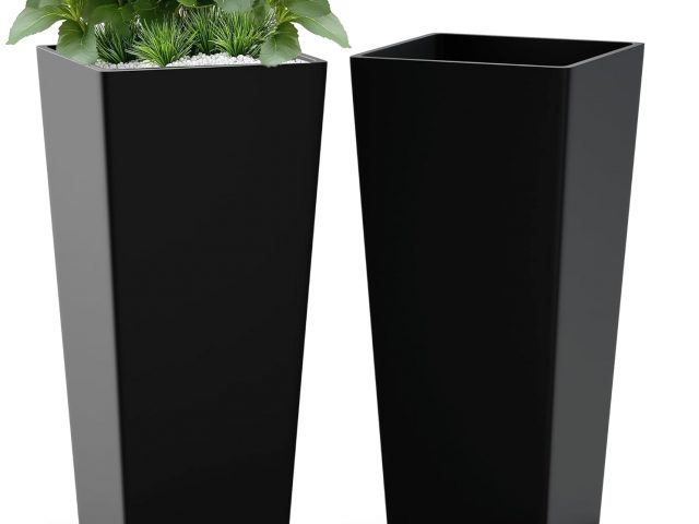 Set of 2 Large Tall Planter for Indoor or Outdoor 24″ Flower Pots Tapered Tall Planters with Tray for Porch, Patio, Backyard, Large Planters for Outdoor Indoor Plants(Black)