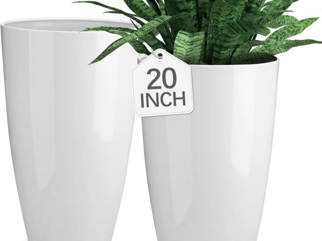 2 Pack 20 Inch Tall Plastic Planters for Indoor and Outdoor Plants White Large Flower Pots Modern Home Decor for Front Porch Patio Deck Living Room