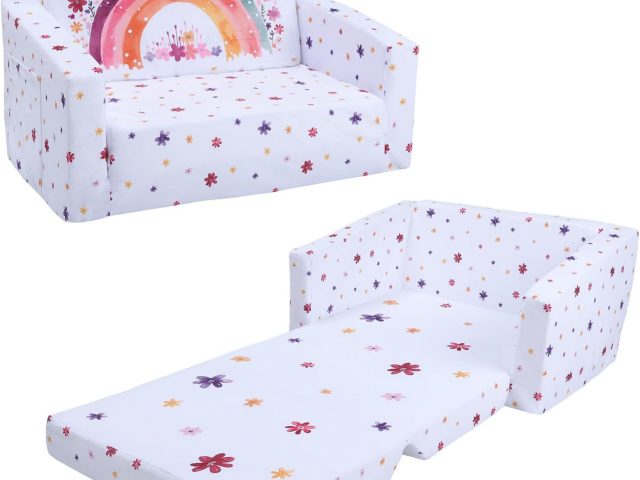 Folding Sofas for Kids Armchair with Backrest 2 in 1 Comfortable Children’s Armchair Stable Lightweight with Fabric Pocket, Sofa Bed Baby Seat for Bedroom Playroom, Rainbow