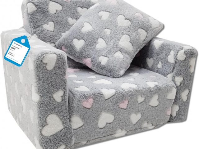 Children’s Relaxation Chair, Mini Armchair with Hearts Design, Grey, White and Fuchsia Pink