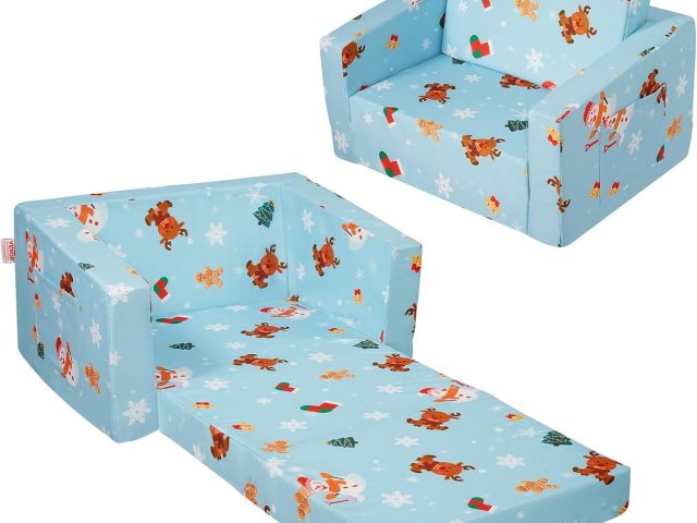 VEVOR 2 in 1 Folding Baby Chair, Toddler Sofa Bed, Soft and Comfortable Foam Sofa, Convertible Baby Lounger, Cartoon Chair Seat, Blue, 1040 x 580 x 320 mm