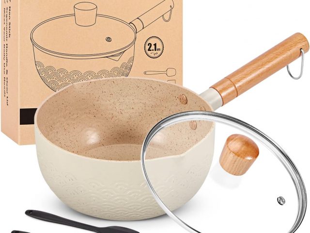 Frying Pan with Lid, 2.1 Quart Nonstick Small Pot, Induction Compatible Aluminum Pot with Silicone Spatula for Milk, Soup, Pasta, Egg, Rice (Beige)