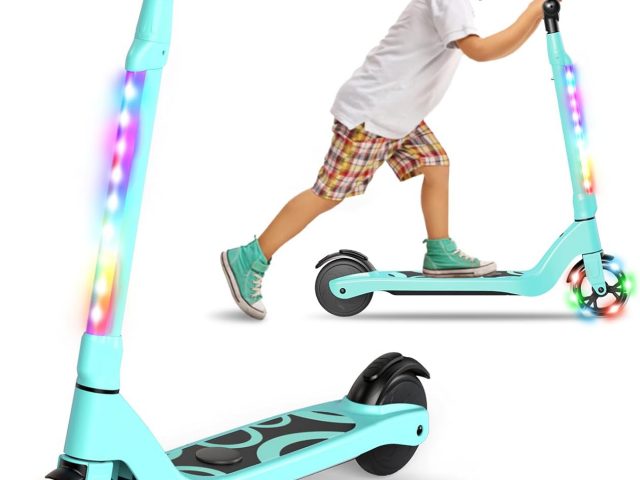 SISIGAD – Kids Electric Scooter 6-8-10-12 Years with Colorful LED Light and 3 Adjustable Heights, Electric Scooter for Children, Maximum Load 70kg, Maximum Speed 10km/h