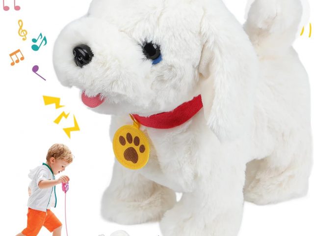 Aceshop Plush Dogs Walking Toy with Leash, Electronic Dog Toy Plush Toy for Puppies Interactive Dog Toy Pet Walking Barking and Wagging Tail for Girls, Boys