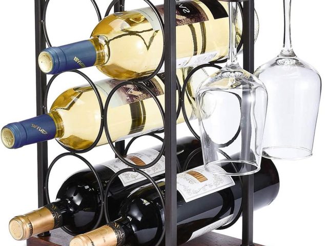 Wine Rack with Glass Stand, Wine Rack for Countertop, Wood Wine Rack with Tray, for Home and Kitchen Decor, Storage Rack Etc(6 Bottles and 2 Glasses)