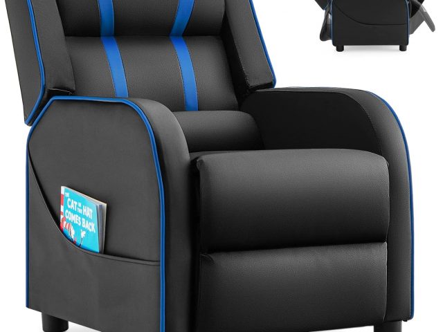 COSTWAY Kids Recliner Chair with Side Pockets, Ergonomic Artificial Leather Kids Sofa with Adjustable Backrest and Footrest and Sponge for 3-12 Years Old Kids (Blue)