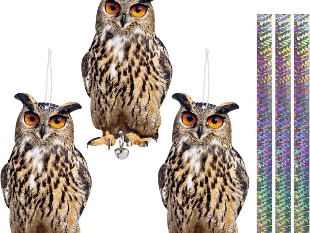 Scarecrow Owl, 3 Pieces Outdoor Scarecrow, Pigeon Scare Owl with Reflective Tape, Bird Repeller Scarer Pigeons Balcony, Flat Owls to Scare Birds from Terrace Garden